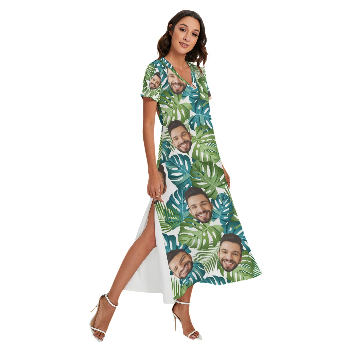Custom Face V-Neck Hawaiian Dress With Split Side