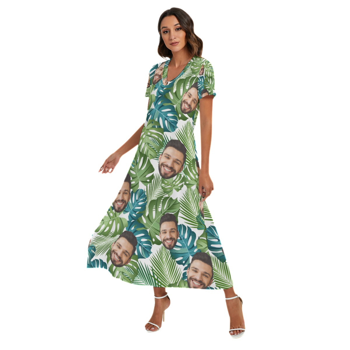 Custom Face V-Neck Hawaiian Dress With Split Side