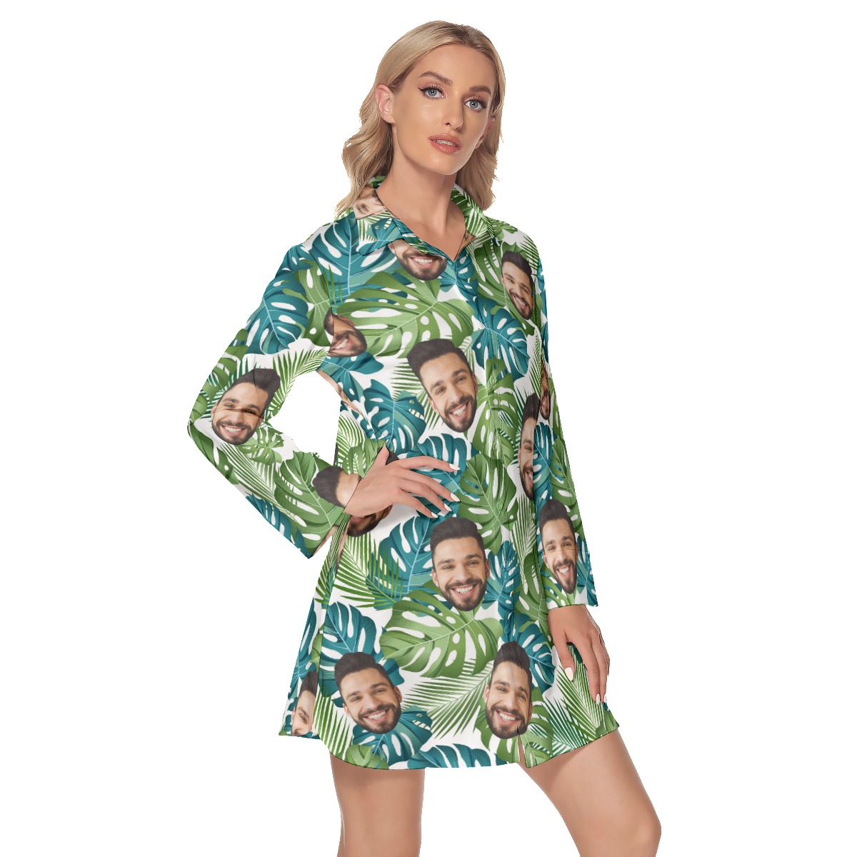 Custom Face Leaf Collared Dress With Custom Face