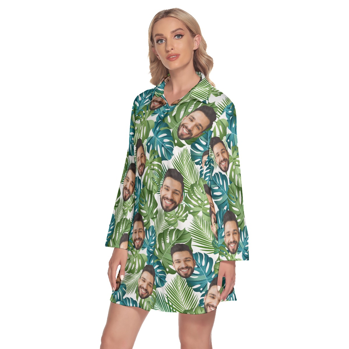 Custom Face Leaf Collared Dress With Custom Face