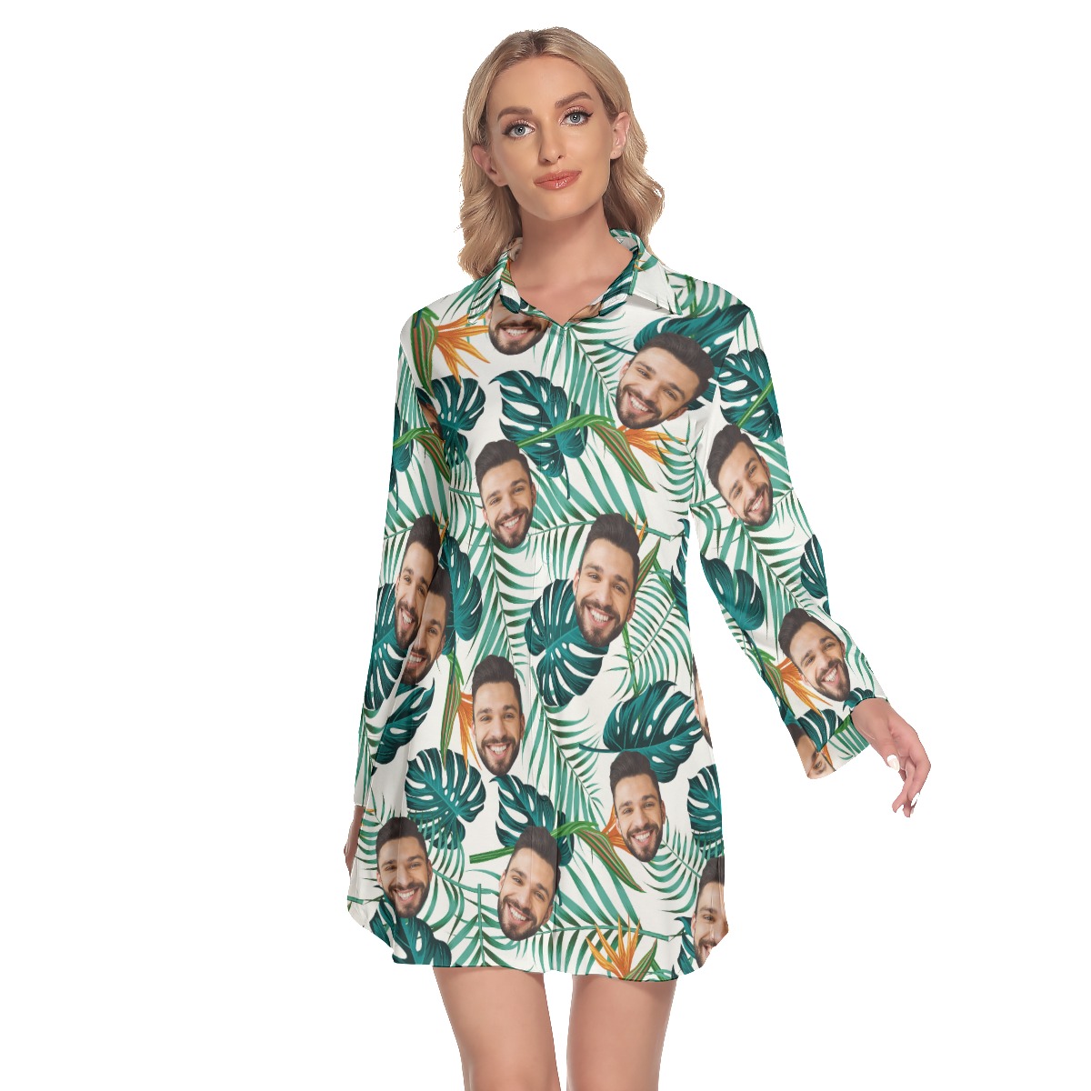 Cool Custom Multiple Faces Lapel Hawaiian Print Dress - variant image 1