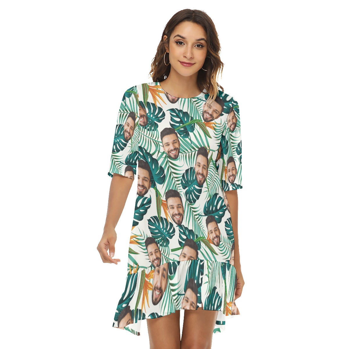 Funny Custom Multi Face Women's Half Sleeve Dress With Ruffle Hem - variant image 1