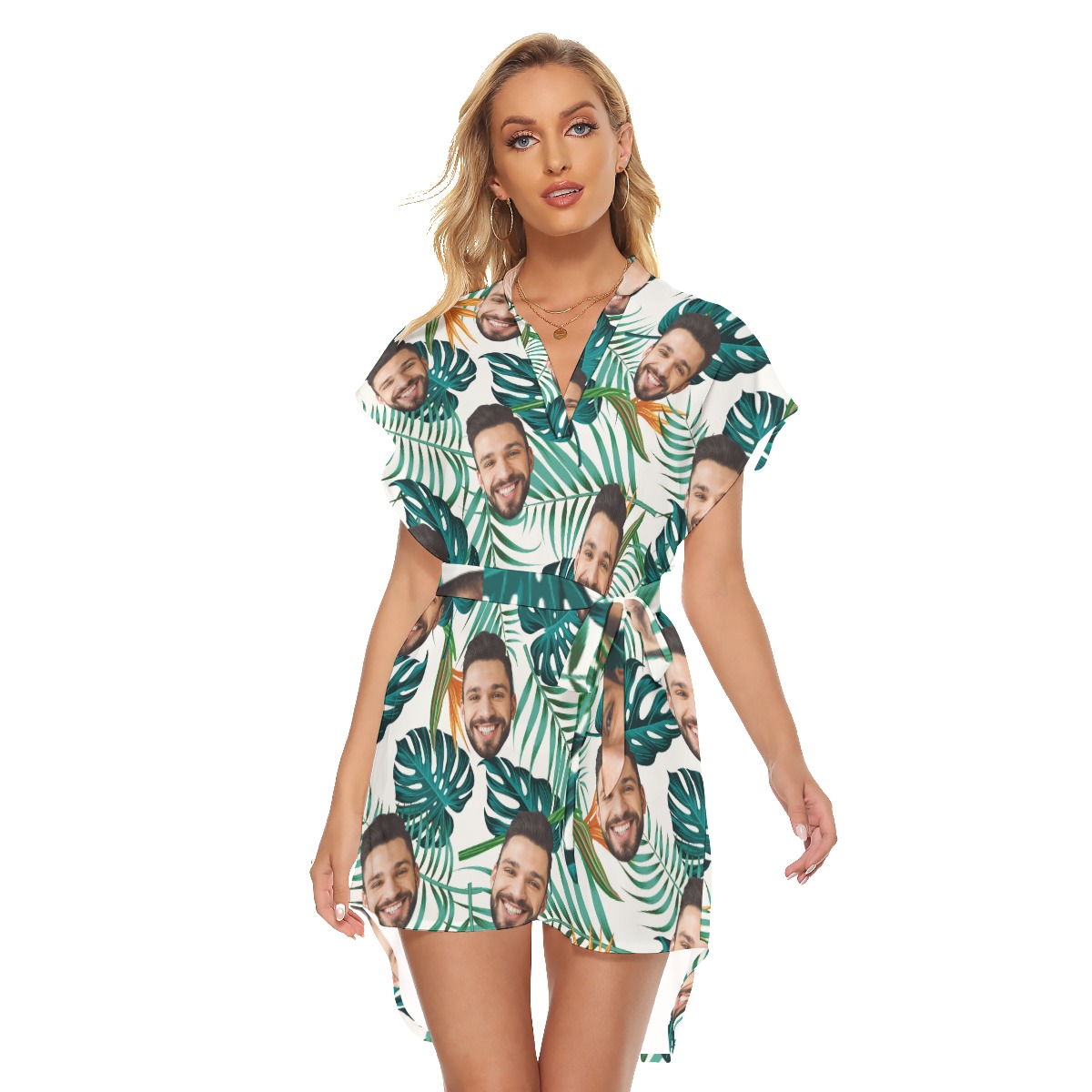 Unique Custom Face Leaves Hawaiian Dress With Belts - variant image 1
