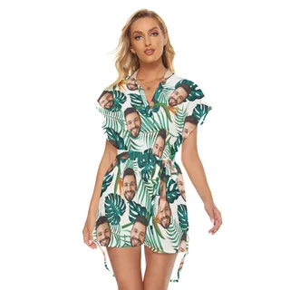Unique Custom Face Leaves Hawaiian Dress With Belts