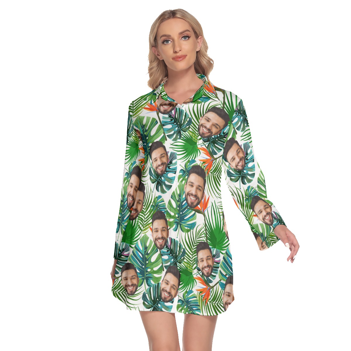 Tropical Long Sleeve Lapel Dress With Custom Face - variant image 1