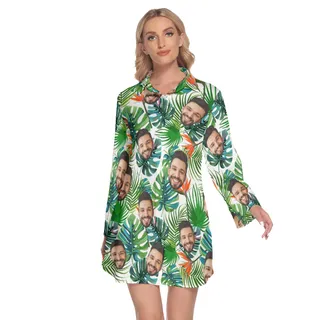 Tropical Long Sleeve Lapel Dress With Custom Face