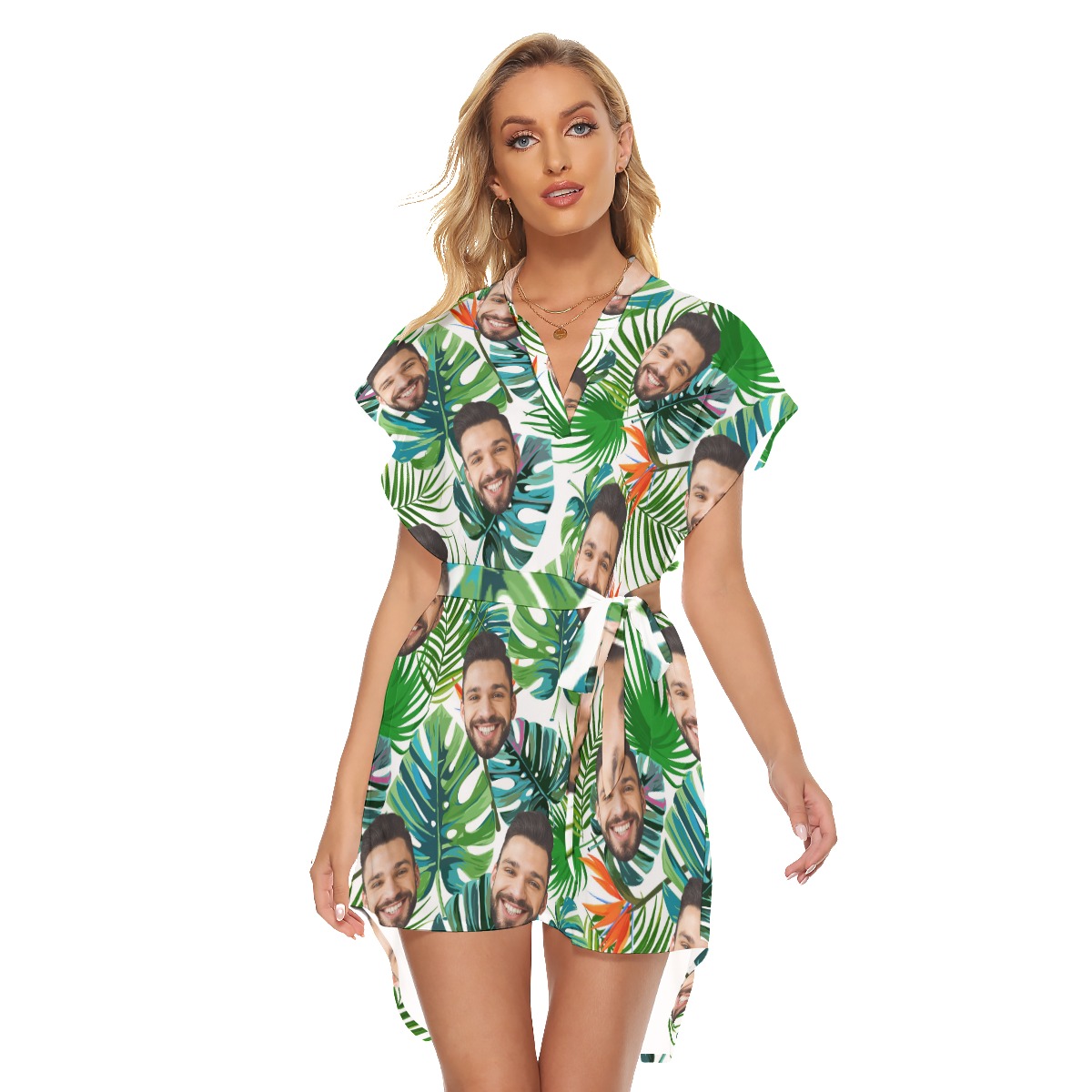 Custom Face Tropical Leaves Women's Dress With Belts - variant image 1
