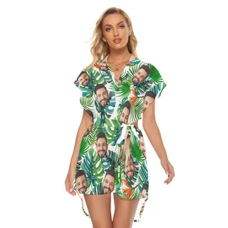 Custom Face Tropical Leaves Women's Dress With Belts