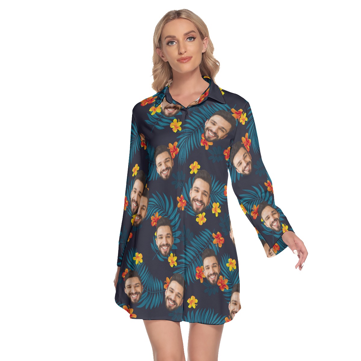 Custom Face Floral Long Sleeve Collared Dress For Women - variant image 1