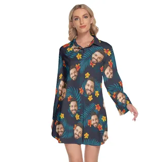 Custom Face Floral Long Sleeve Collared Dress For Women