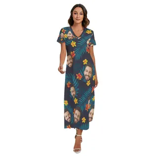 Custom Face Floral V-Neck Hawaiian Dress