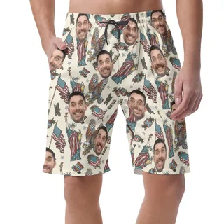 American Eagle Statue Of Liberty Custom Face Hawaiian Beach Shorts For Men