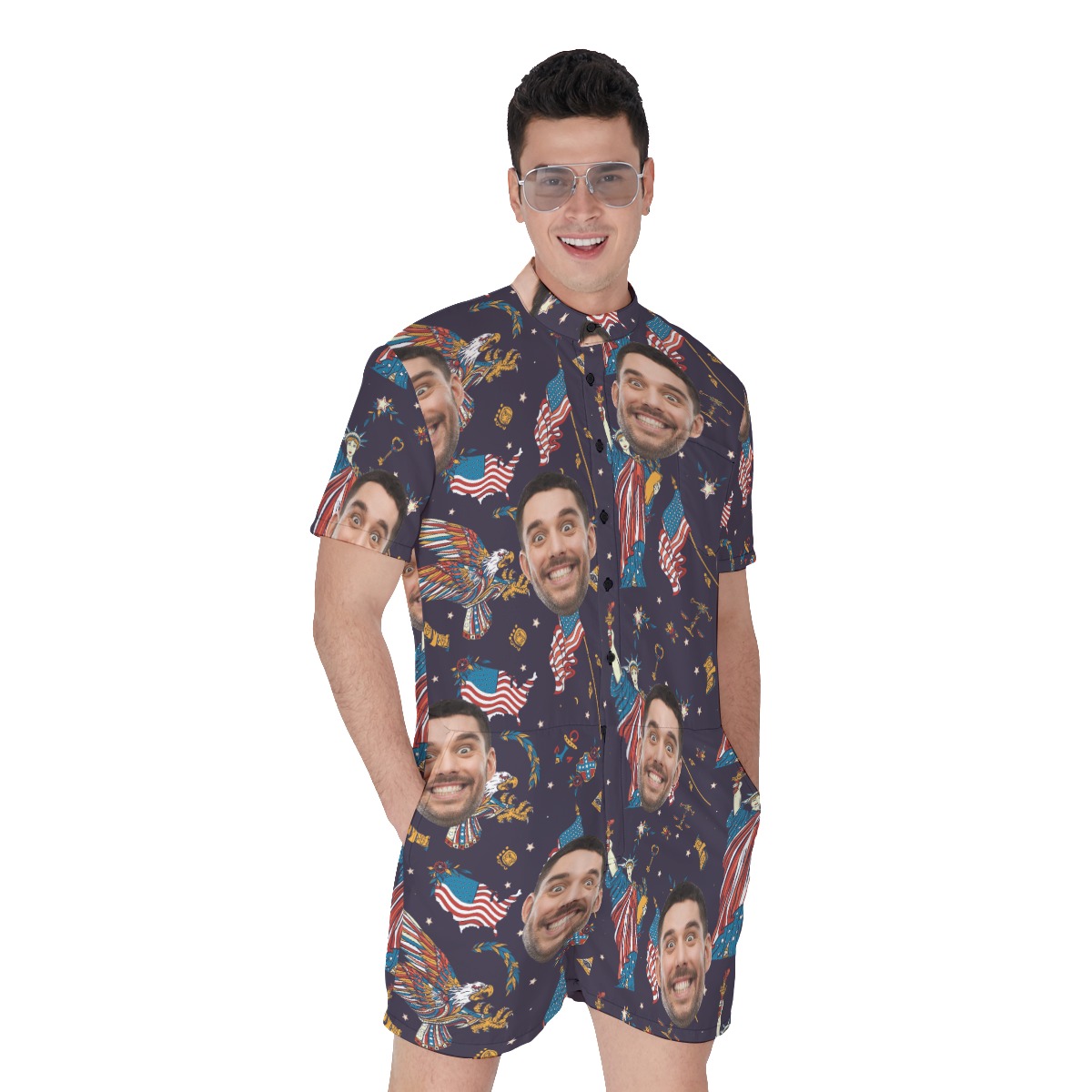 American Eagle And Statue Of Liberty Custom Face Hawaiian Romper For Men - variant image 1