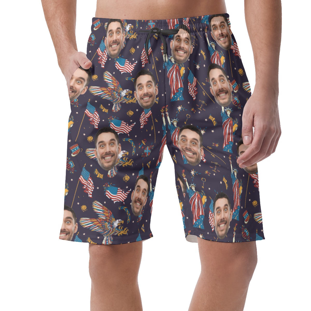 American Eagle And Statue Of Liberty Custom Face Hawaiian Beach Shorts For Men - variant image 1