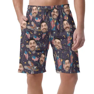 American Eagle And Statue Of Liberty Custom Face Hawaiian Beach Shorts For Men