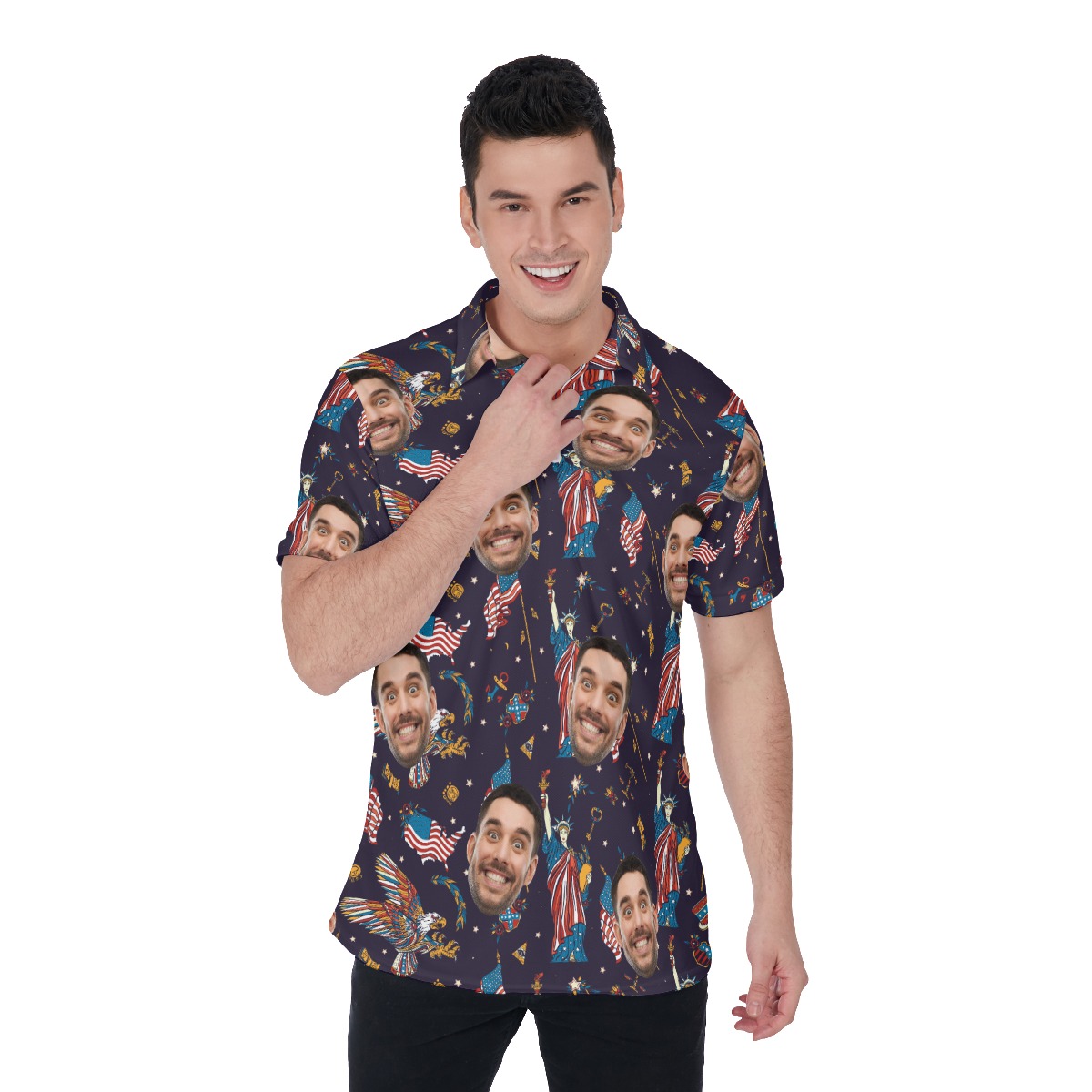 Statue Of Liberty American Eagle Custom Face Hawaiian Polo Shirt - variant image 1