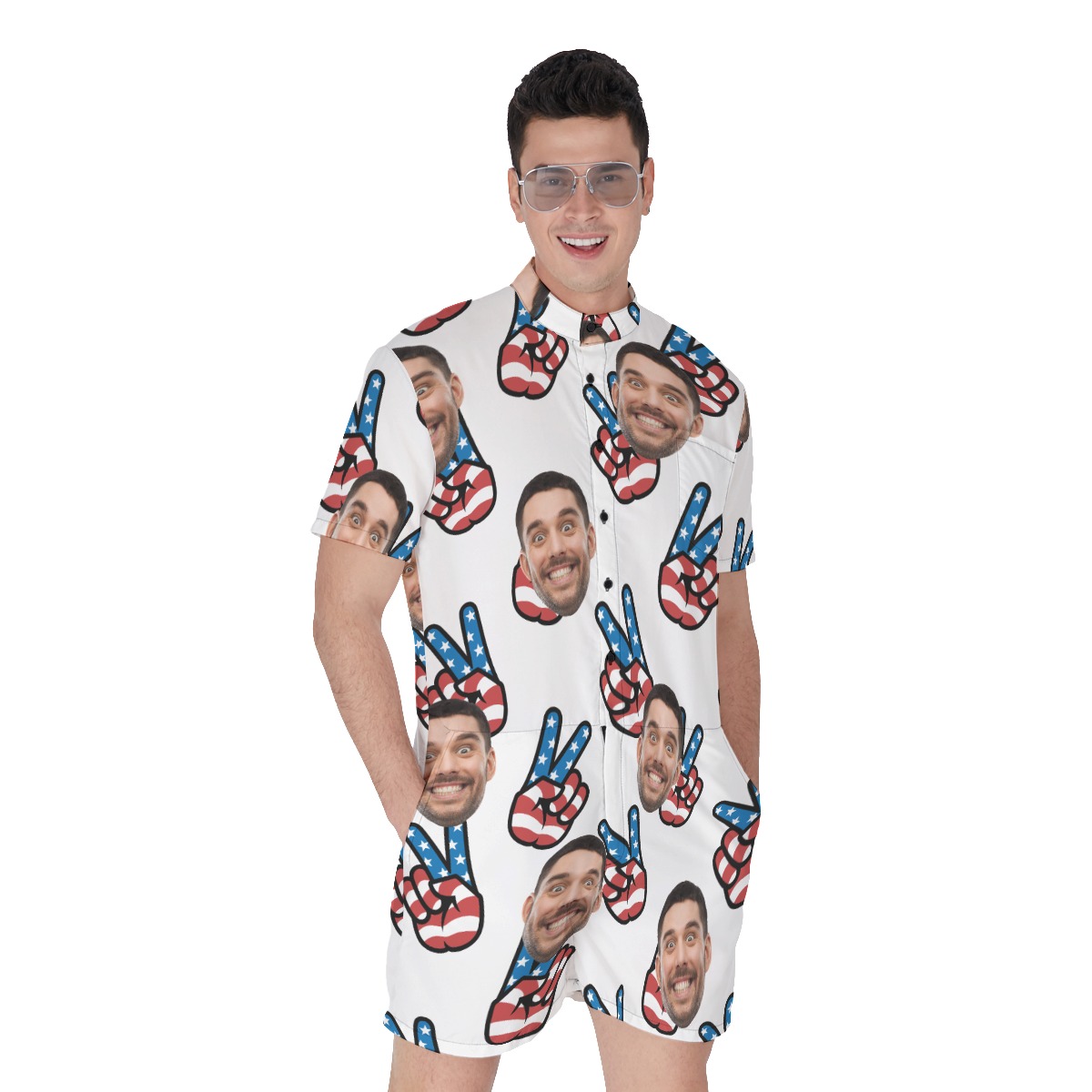 Custom Face Peace Sign American Flag Hawaiian Romper For Men - variant image 1