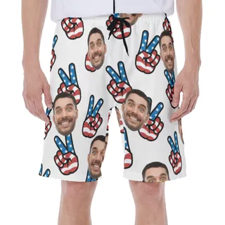 Custom Face American Flag Peace Sign Hawaiian Swim Trunks For Men