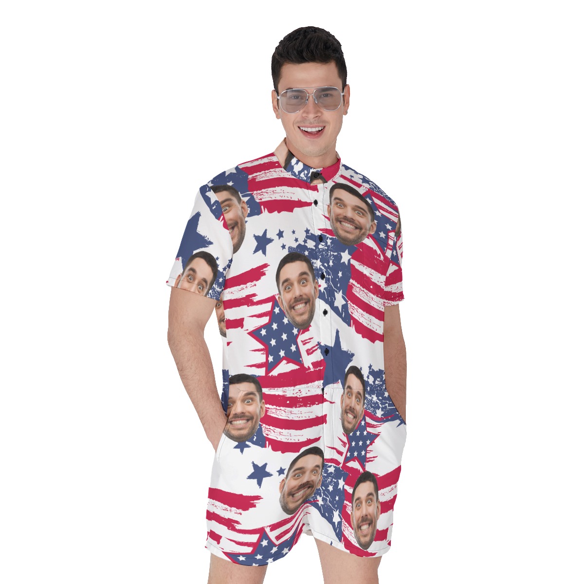 Custom Face American Flag Hawaiian Romper For Men - variant image 1