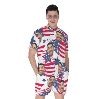 Custom Face American Flag Hawaiian Romper For Men