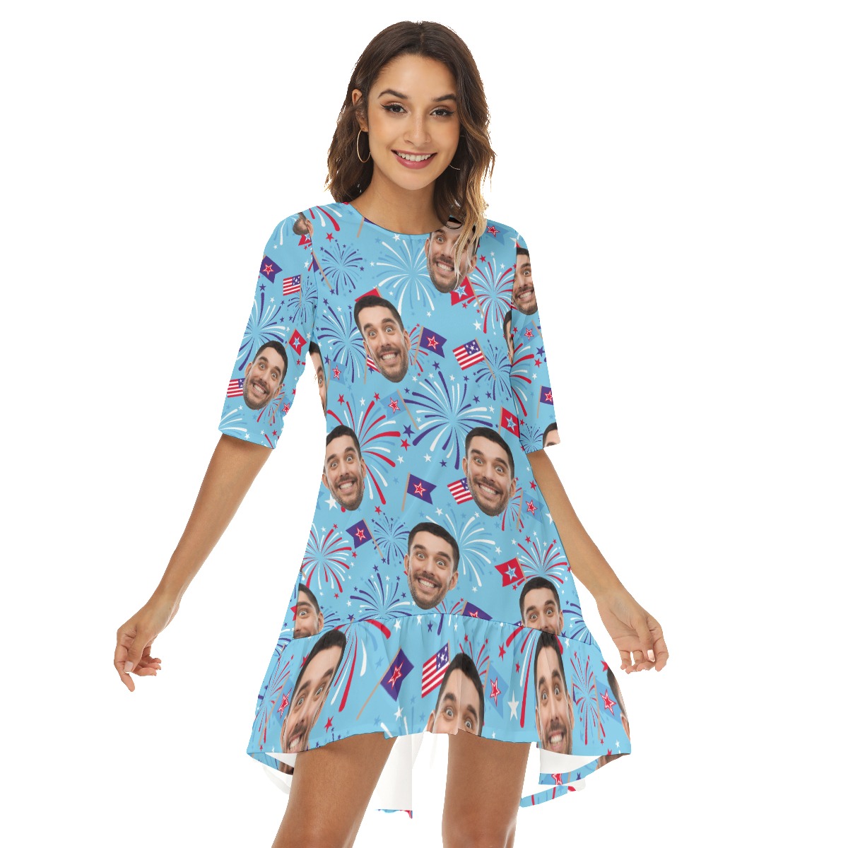 Funny Firework 4th Of July Custom Face Hawaiian Dress With Hem - variant image 1