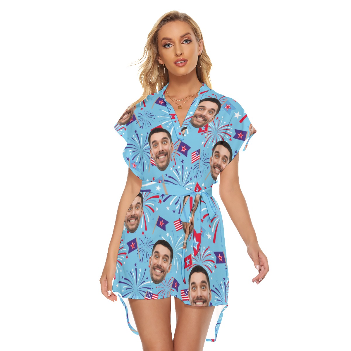 Custom Face Firework 4th Of July Hawaiian Dress With Belt - variant image 1