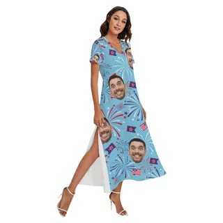 Funny Custom Face Firework Hawaiian Long Dress With Side Slit