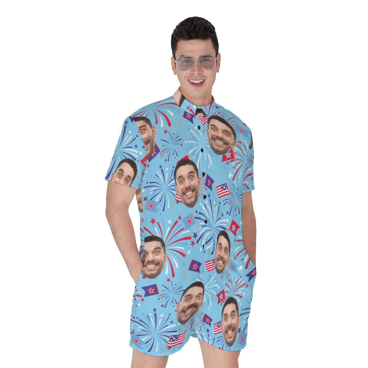 Funny Custom Face Firework Blue Men's Hawaiian Romper - variant image 1