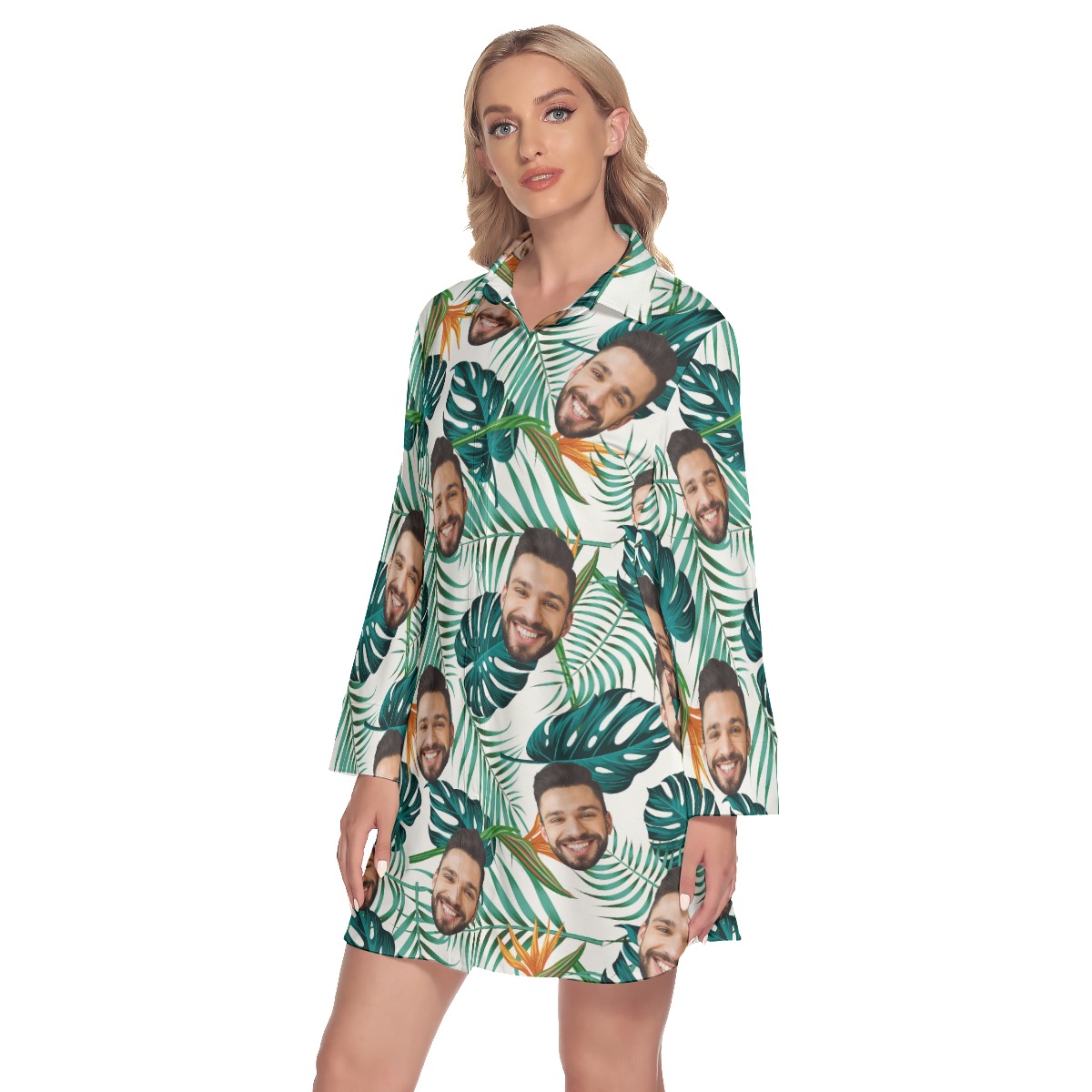 Cool Custom Multiple Faces Lapel Hawaiian Print Dress
