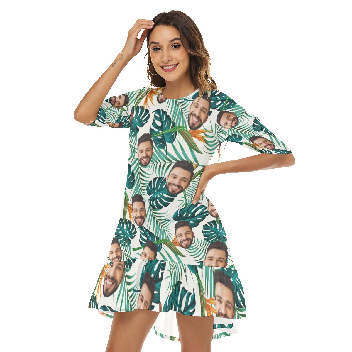 Funny Custom Multi Face Women's Half Sleeve Dress With Ruffle Hem