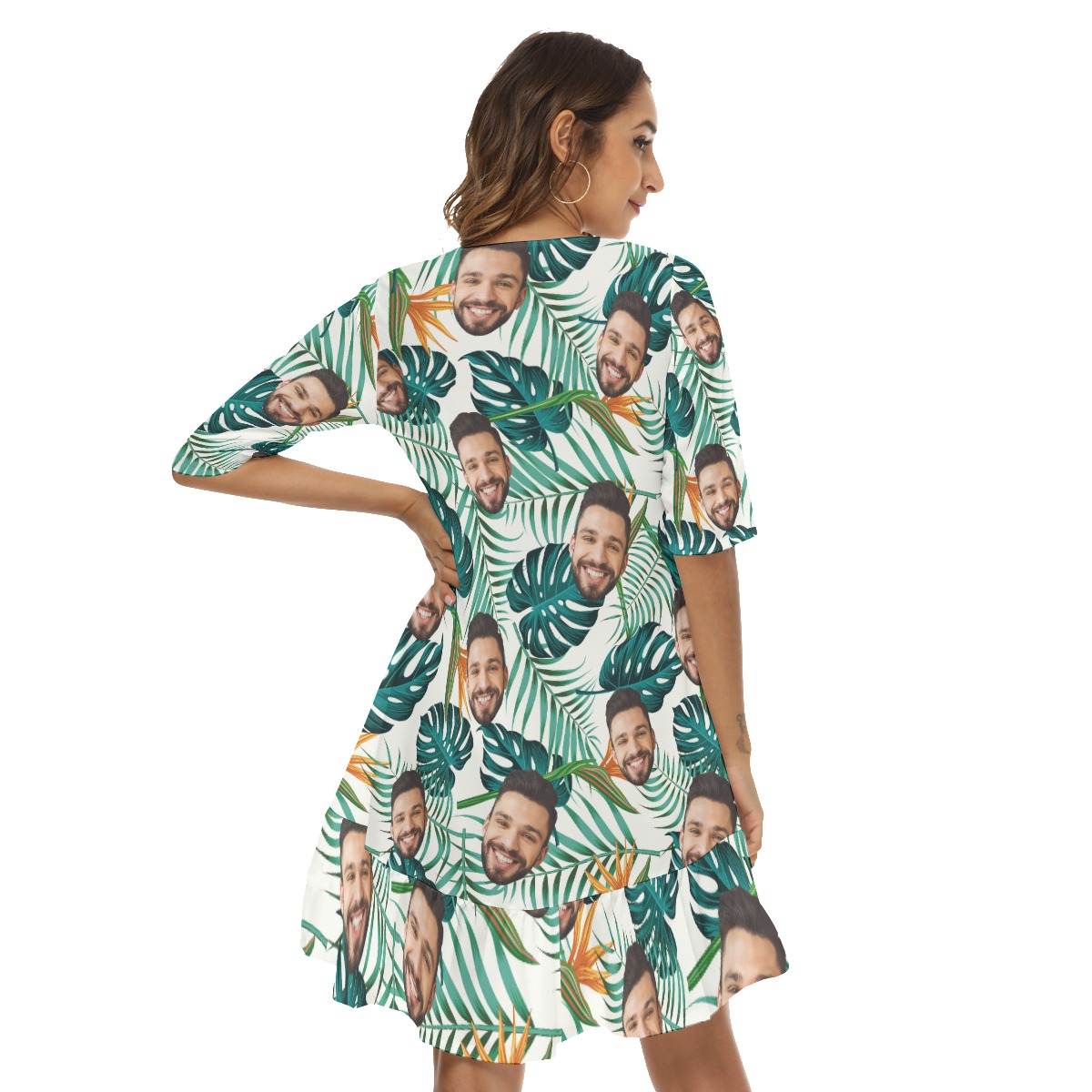 Funny Custom Multi Face Women's Half Sleeve Dress With Ruffle Hem