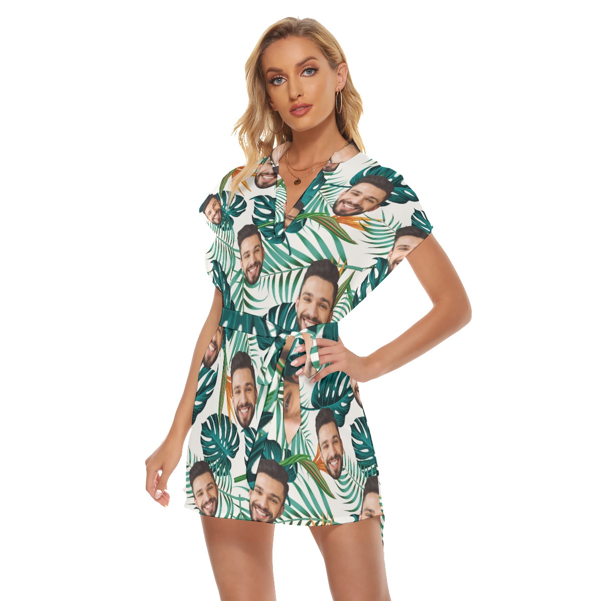 Unique Custom Face Leaves Hawaiian Dress With Belts