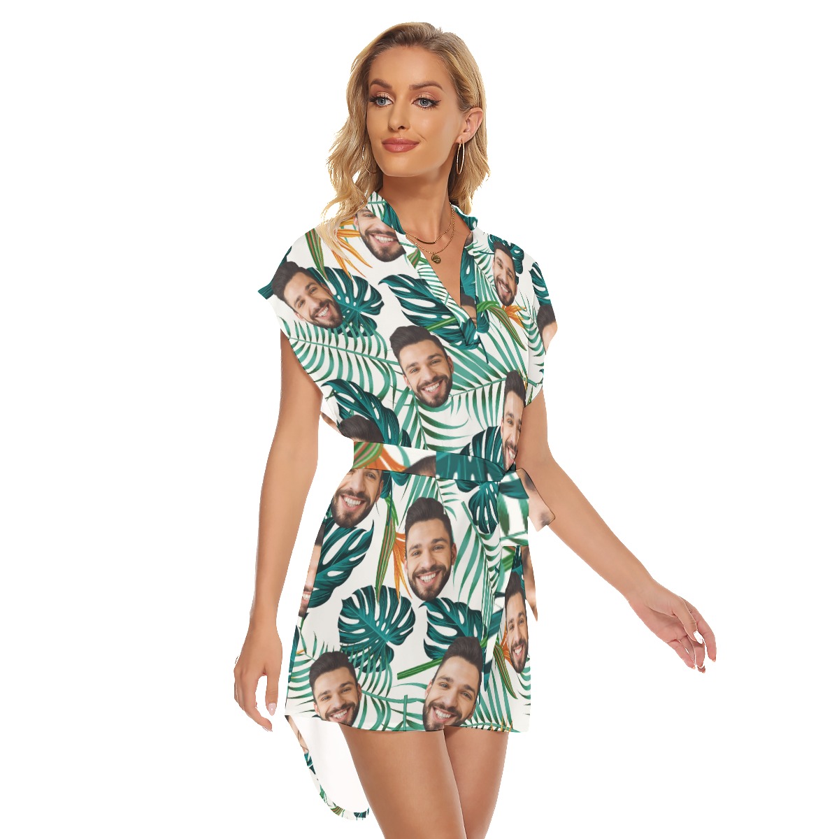 Unique Custom Face Leaves Hawaiian Dress With Belts