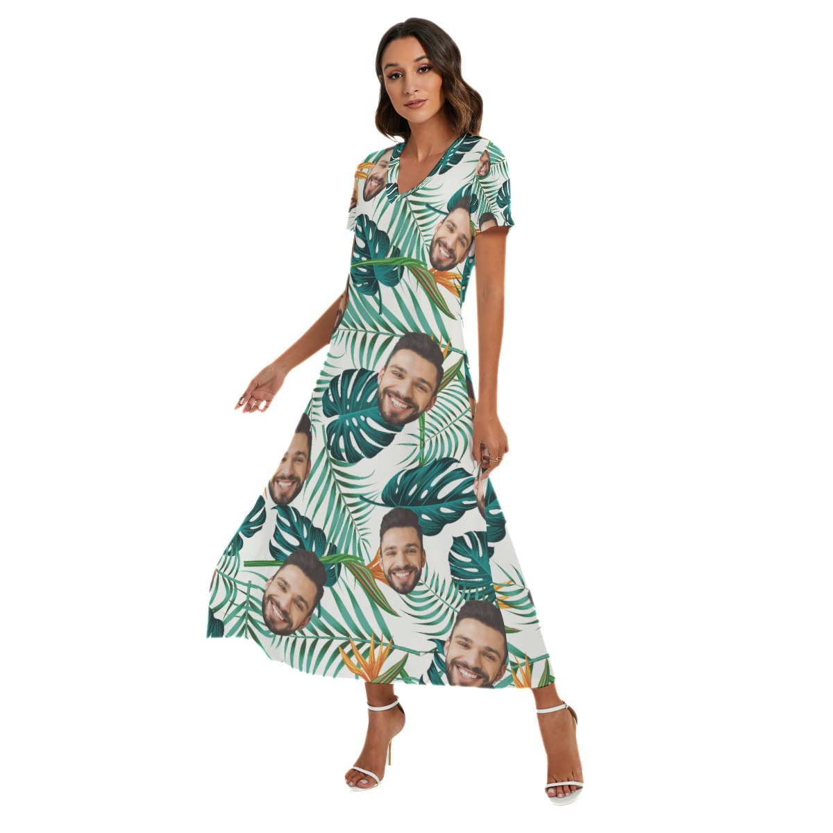 Cool Custom Face V-neck Dress With Side Slit