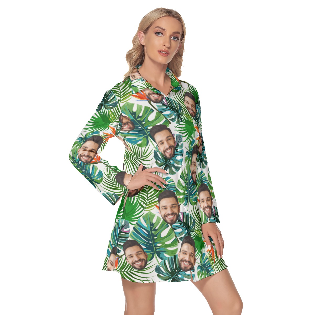 Tropical Long Sleeve Lapel Dress With Custom Face