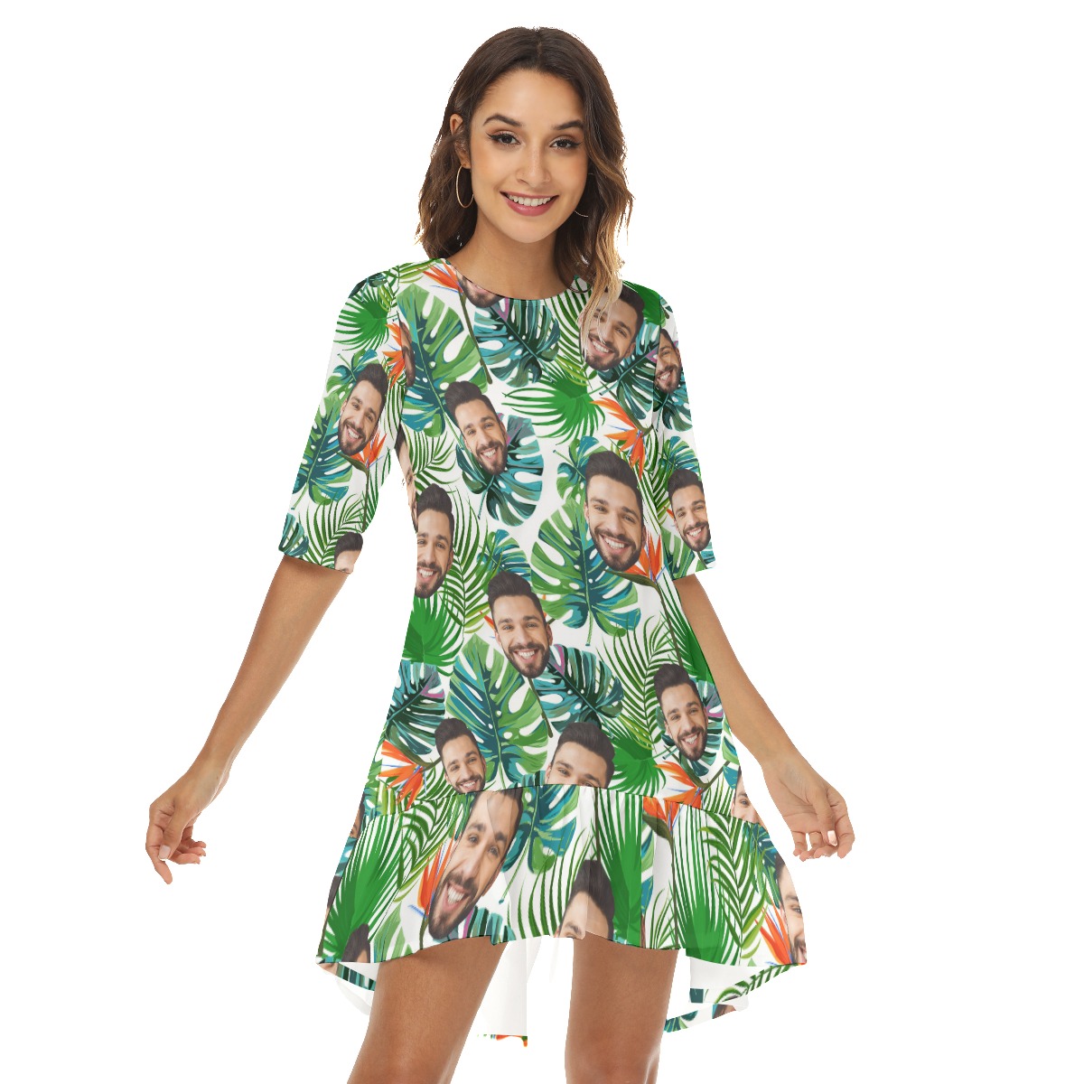 Unique Custom Face Half Sleeve Dress With Ruffle Hem