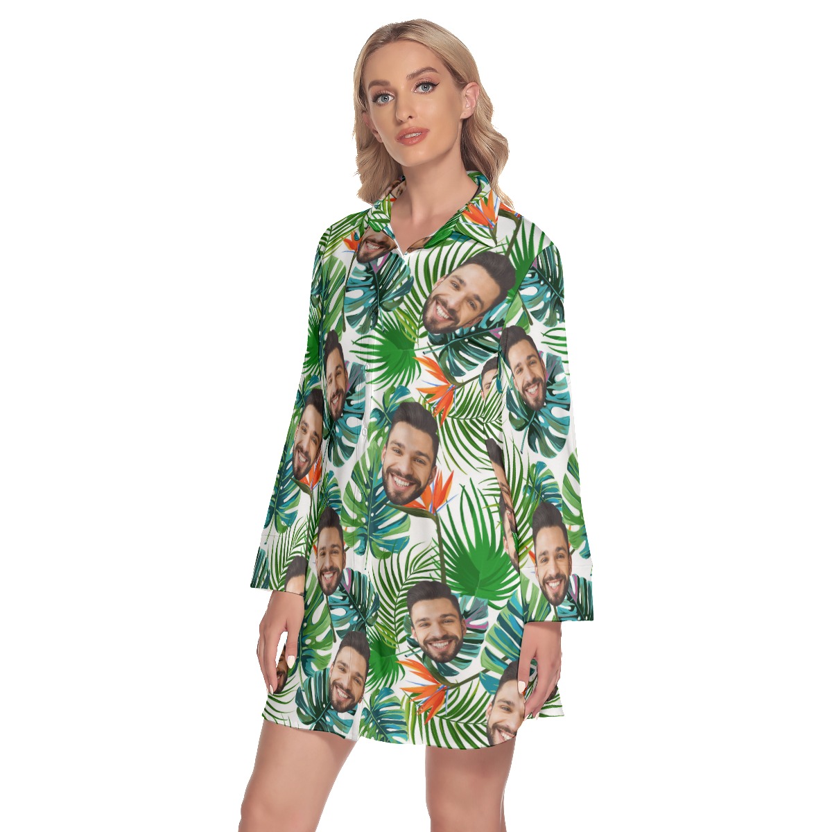 Tropical Long Sleeve Lapel Dress With Custom Face
