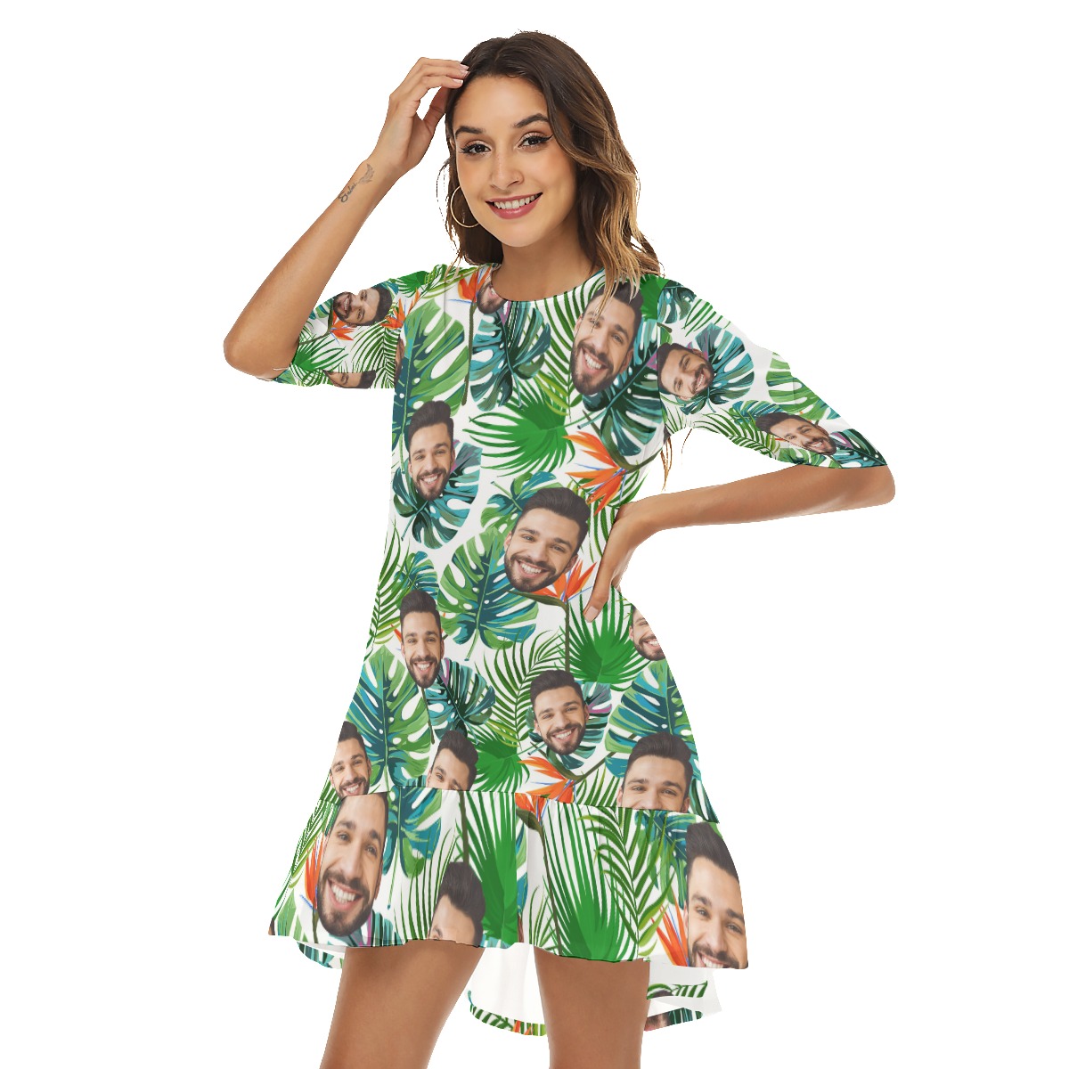 Unique Custom Face Half Sleeve Dress With Ruffle Hem