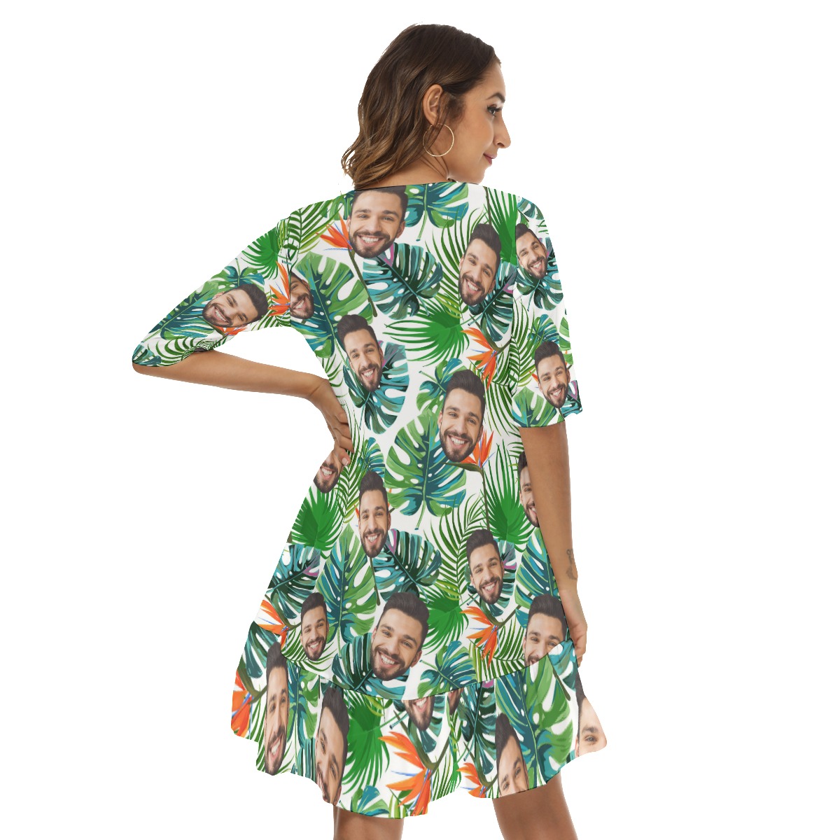 Unique Custom Face Half Sleeve Dress With Ruffle Hem