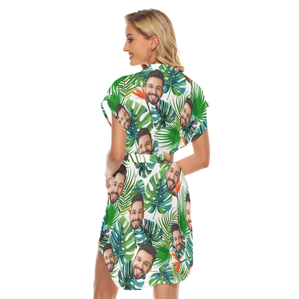 Custom Face Tropical Leaves Women's Dress With Belts