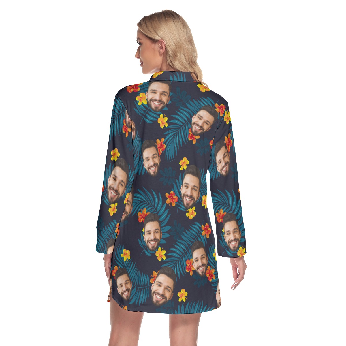 Custom Face Floral Long Sleeve Collared Dress For Women