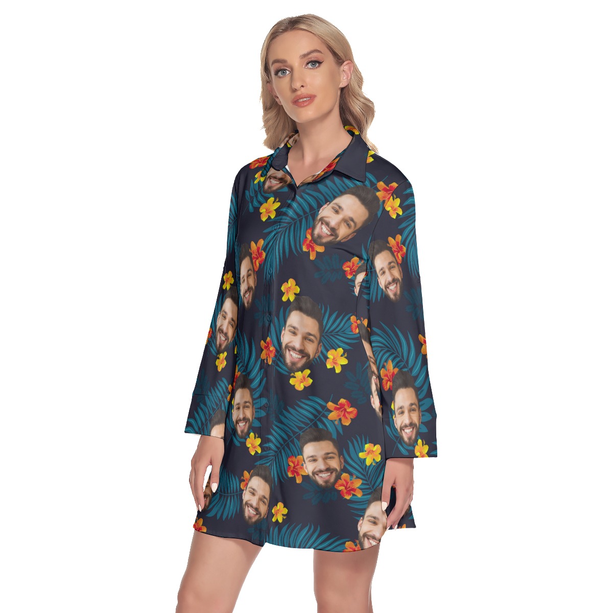 Custom Face Floral Long Sleeve Collared Dress For Women