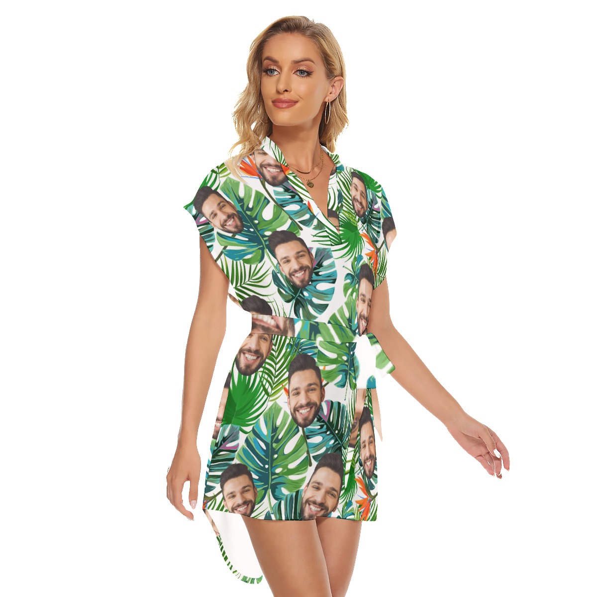Custom Face Tropical Leaves Women's Dress With Belts