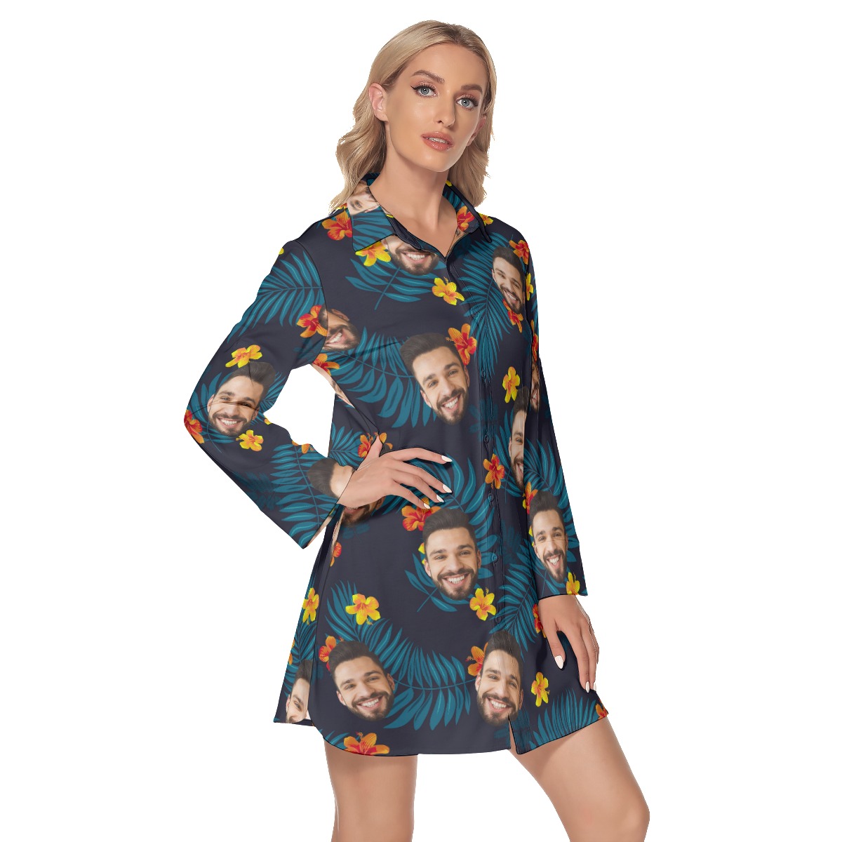 Custom Face Floral Long Sleeve Collared Dress For Women
