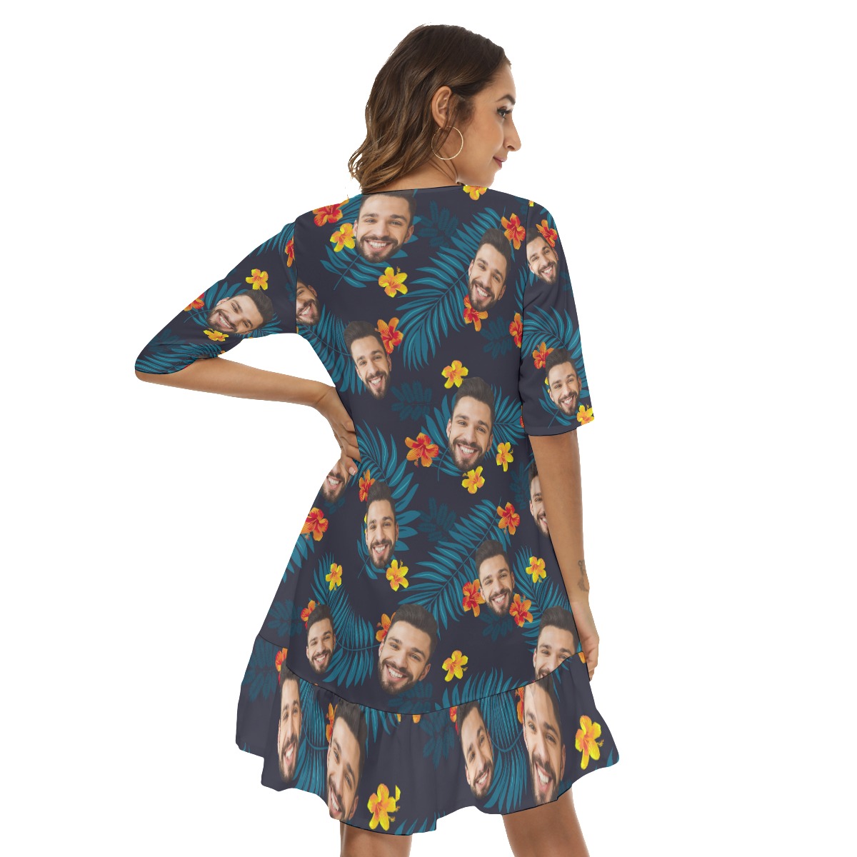 Custom Face Half Sleeve Dress With Ruffle Hem