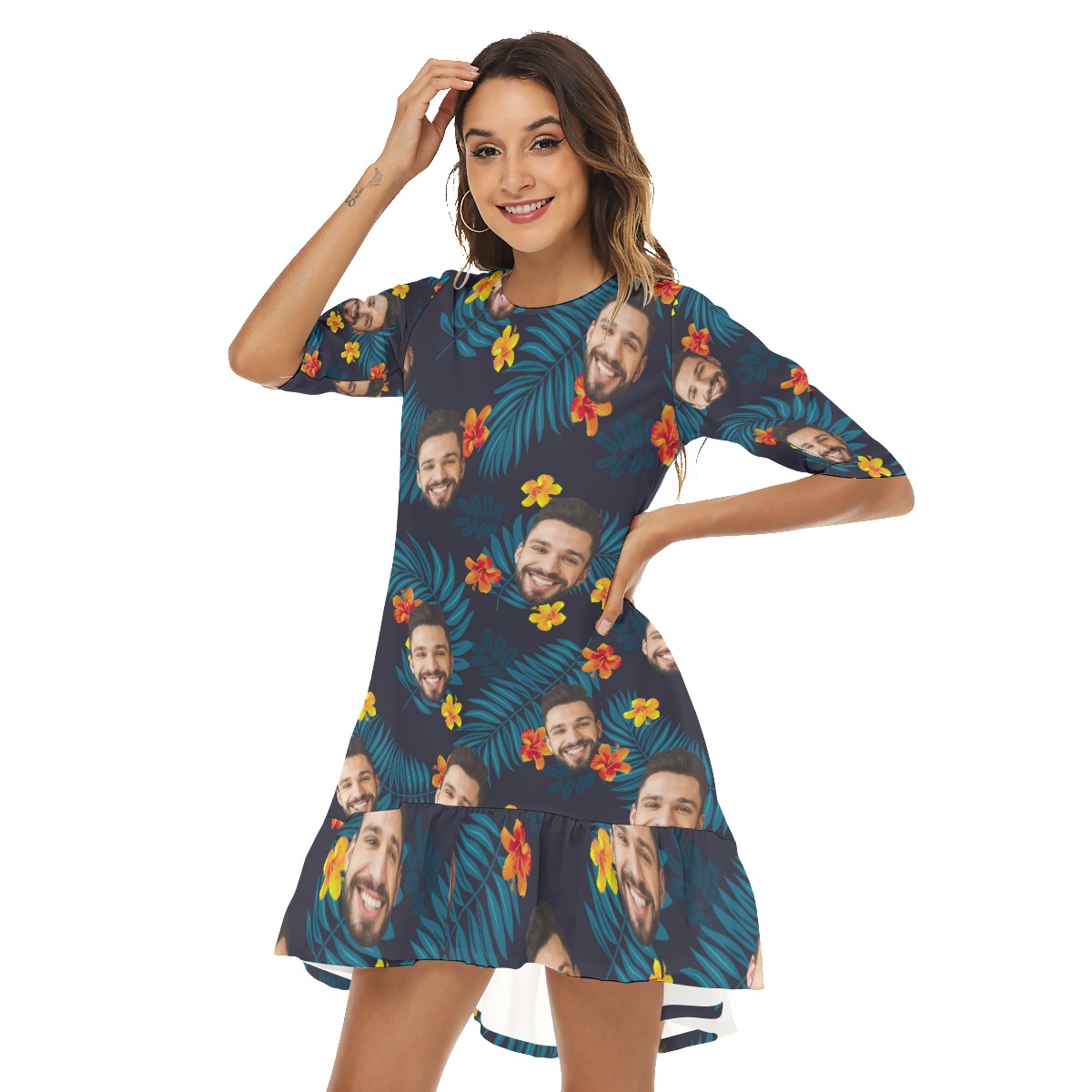 Custom Face Half Sleeve Dress With Ruffle Hem