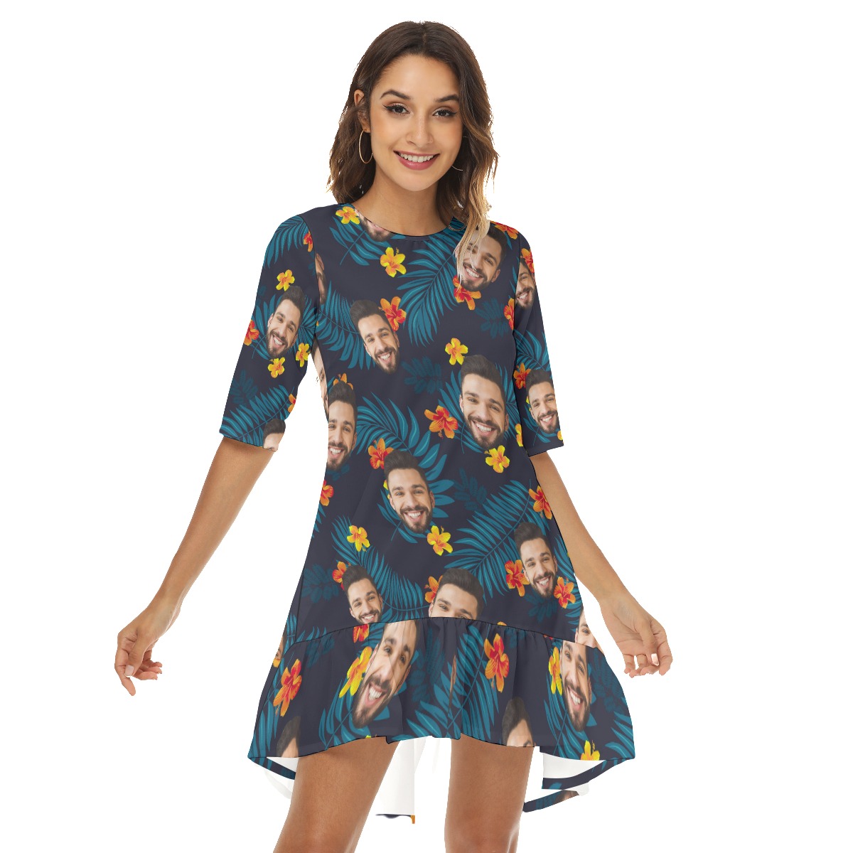 Custom Face Half Sleeve Dress With Ruffle Hem