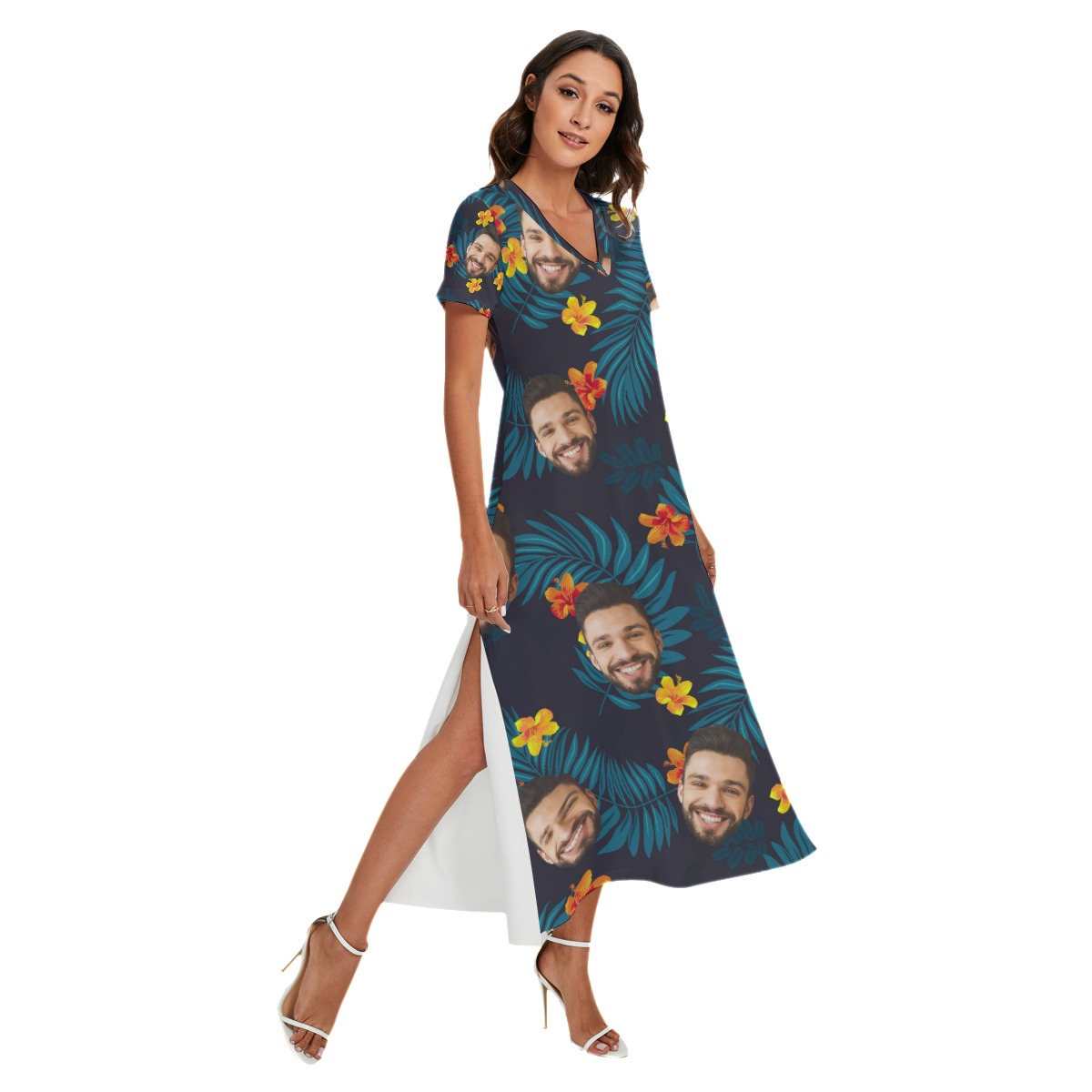 Custom Face Floral V-Neck Hawaiian Dress