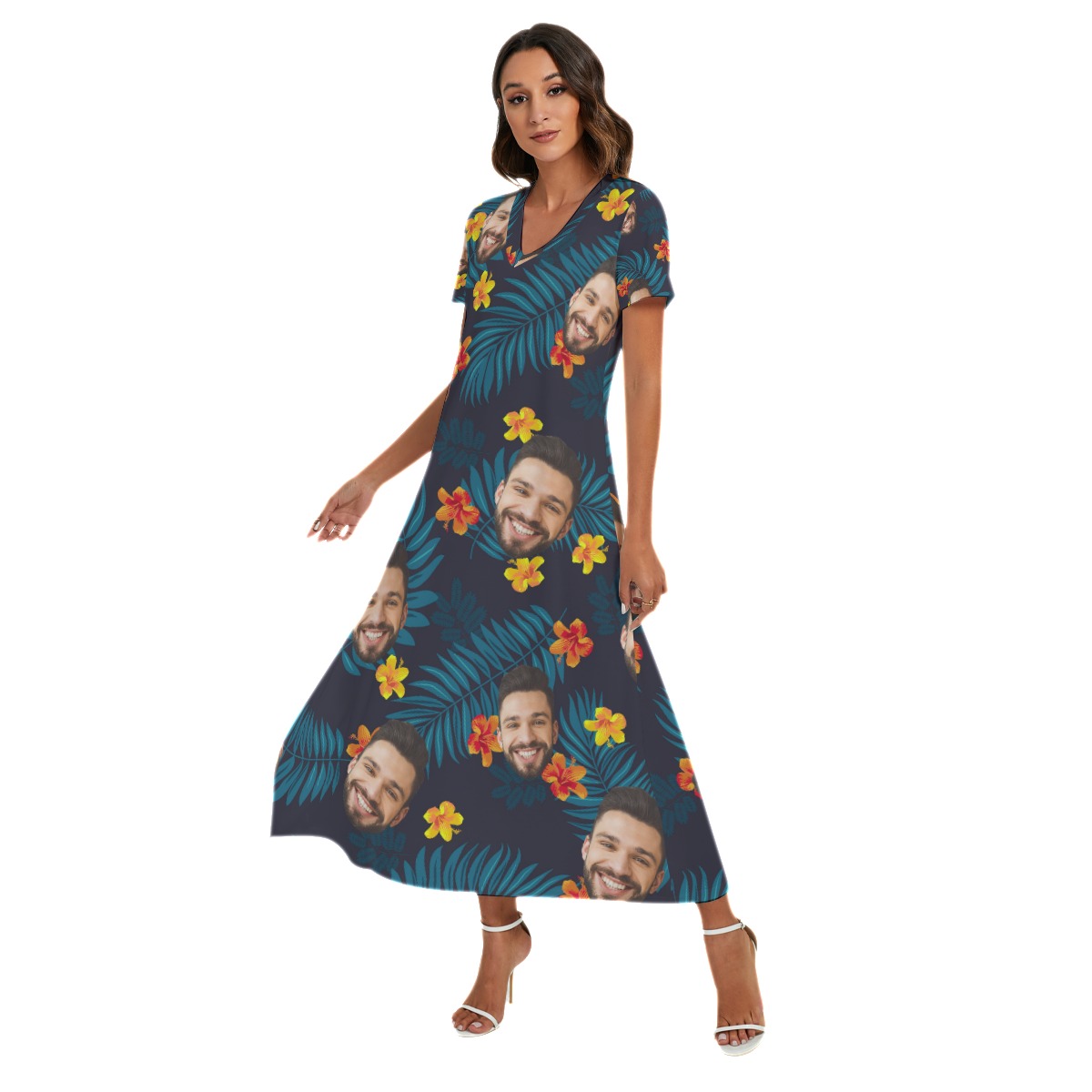 Custom Face Floral V-Neck Hawaiian Dress