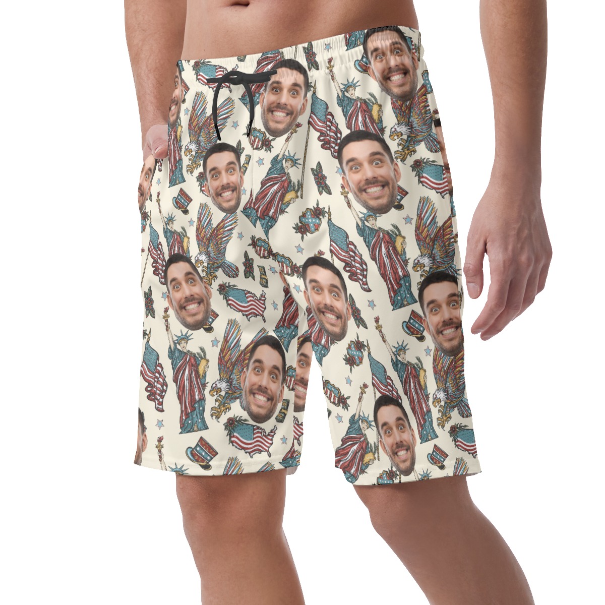 American Eagle Statue Of Liberty Custom Face Hawaiian Beach Shorts For Men